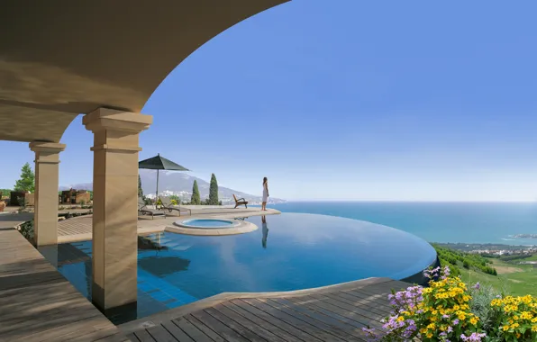 Женщина, вилла, бассейн, курорт, вид на море, Кипр, Cyprus, sea view
