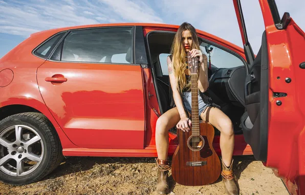 Car, guitar, woman, poising