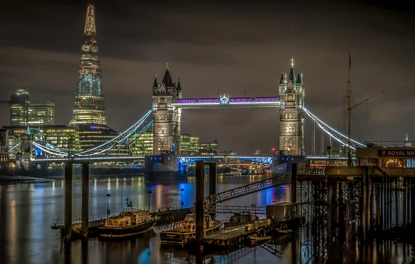 Картинка ночь, огни, река, Англия, Великобритания, город Лондон
