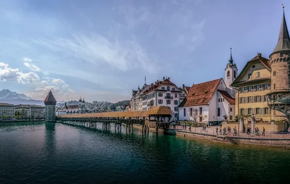 Мост, река, здания, дома, Швейцария, Switzerland, Люцерн, Lucerne