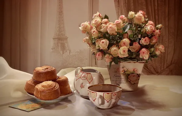 Картинка чай, розы, букет, натюрморт, выпечка