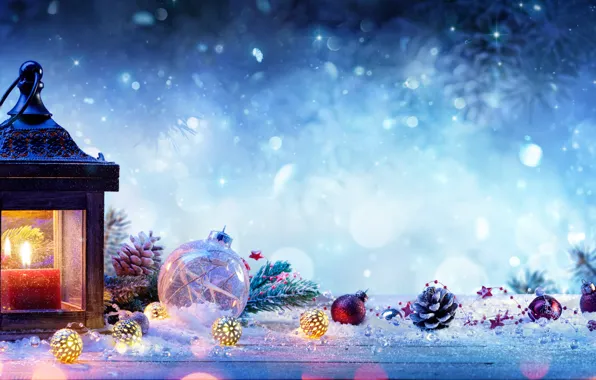 Картинка снег, ветки, праздник, свеча, ель, фонарик, фонарь, Новый год