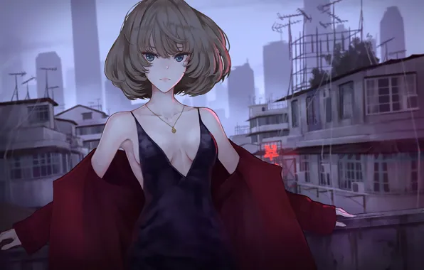 City, dress, anime, art, pose, necklace, Anime girl