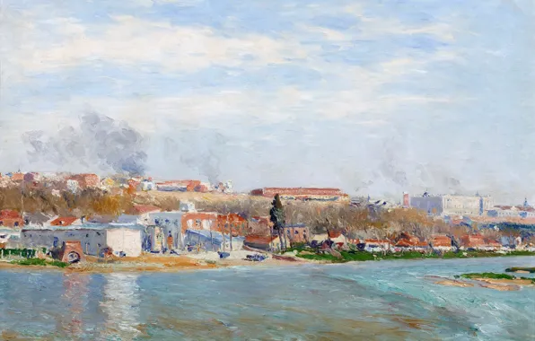 Картинка пейзаж, город, река, дома, картина, Испания, Aureliano de Beruete y Moret, Мансанарес в Мадриде