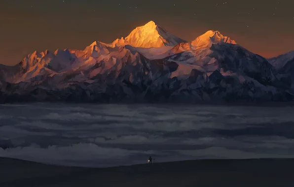 Картинка пейзаж, закат, горы, природа, человек, аниме, арт, hanyijie