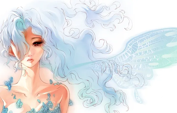 Картинка Девушка, крыло, голубые волосы