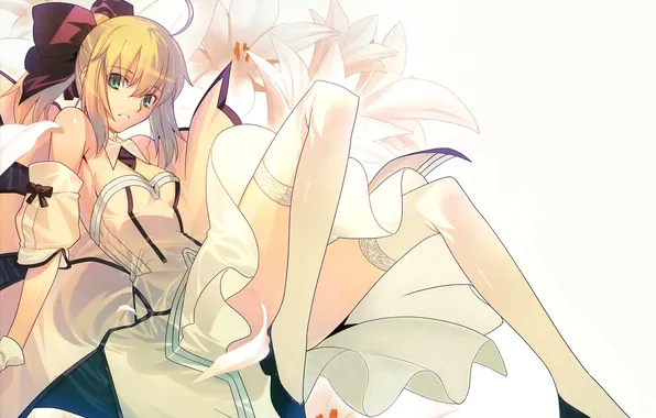 Взгляд, девушка, лилии, платье, Fate/Stay Night, Saber