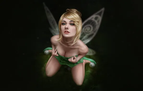 Грудь, Рисунок, Взгляд, Блондинка, Стиль, Крылья, Фея, Fantasy