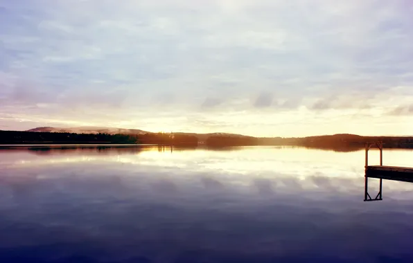 Небо, закат, озеро, берег, пристань