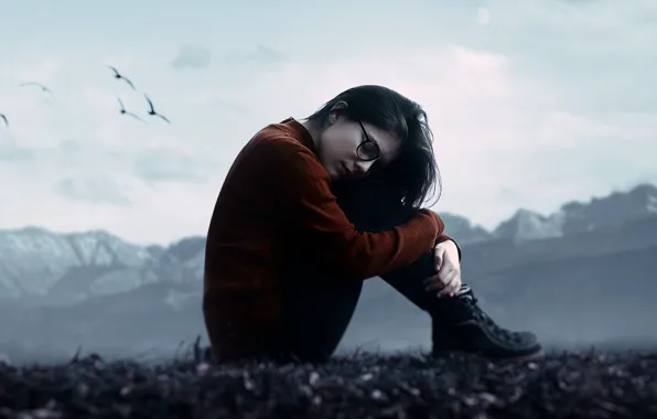 Картинка девушка, горы, птица, сон, очки, губки