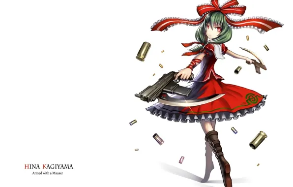 Сапоги, лезвие, автомат, белый фон, бант, зеленые волосы, гильзы, Touhou Project