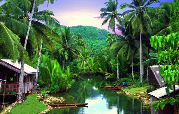 Тропики, река, пальмы, деревня, Philippines, Siargo