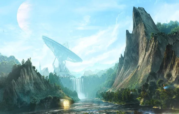 Скалы, рисунок, водопад, антенна, desktopography, digital art, ретранслятор, waterfall valley