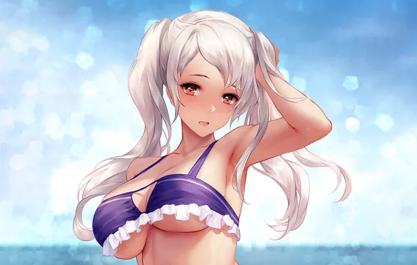 Girl, sexy, cleavage, beach, long hair, brown eyes, boobs, anime