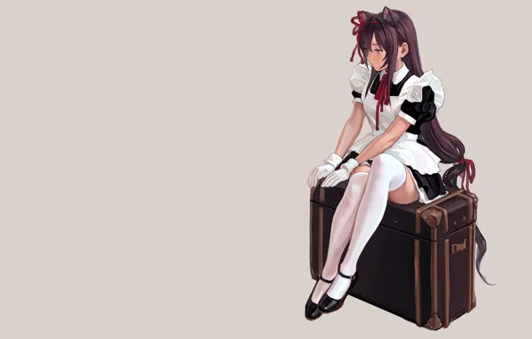 Картинка sitting, white stockings, maid, anime girls, simple background, cat ears, nekomimi, FKEY