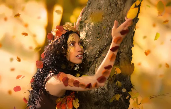 Картинка осень, девушка, дерево