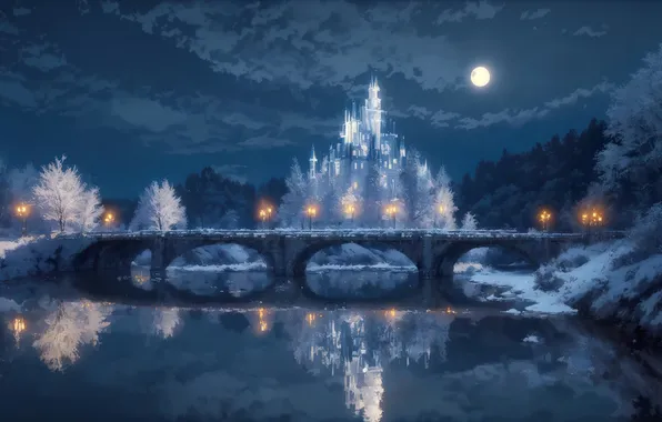 Moon, forest, bridge, night, winter, lake, painting, castle