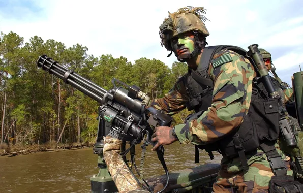 Gun, USA, bullets, soldier, river, military, weapon, jungle