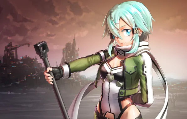 Девушка, аниме, Город, арт, Оружие, Sword Art Online, Мастера Меча Онлайн, Синон