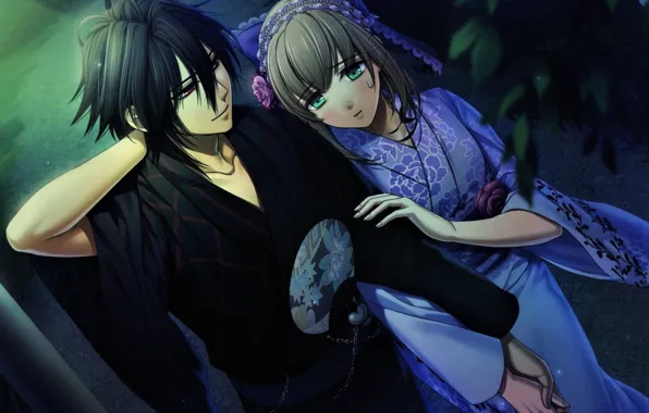 Ночь, веер, двое, юката, свидание, amnesia, shin, амнезия