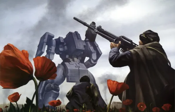 Поле, цветы, металл, оружие, люди, маки, робот, меха