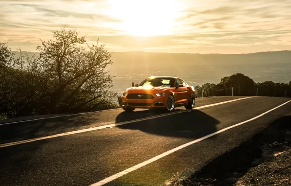 Картинка Mustang, Ford, Orange, Landscape, Sun, Sunset, California, Mountains