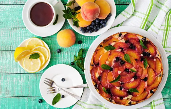 Картинка ягоды, лимон, чай, сладость, фрукты, выпечка, фруктовый пирог