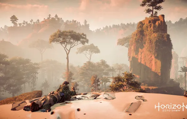 Природа, Девушка, Горы, Робот, Деревья, Мех, PS4 Pro, Horizon Zero Dawn