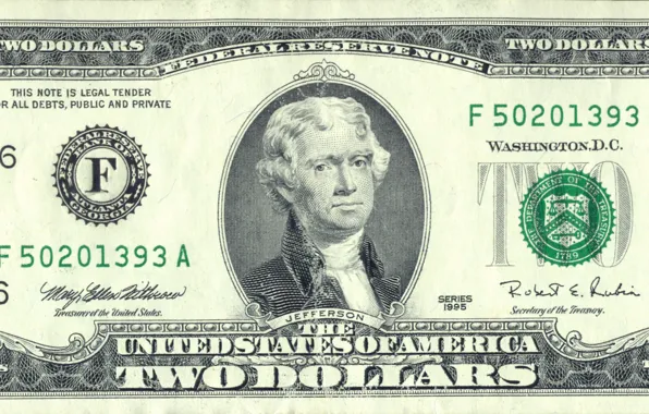Картинка note, two, dollar, federal, Jefferson, legal