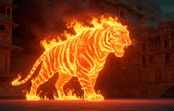 Тигр, замок, огонь, арт, wallpaper, fire, tiger, art
