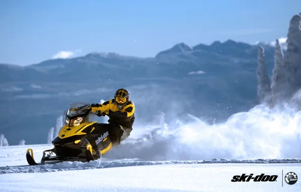 Картинка снег, жёлтый, спорт, sport, snow, снегоход, snowmobile, ski-doo