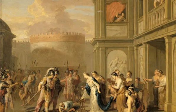Масло, картина, 1733, Жерар Хут, Gerard Hoet, Королева Клеофис предлагает вина Александру Велико