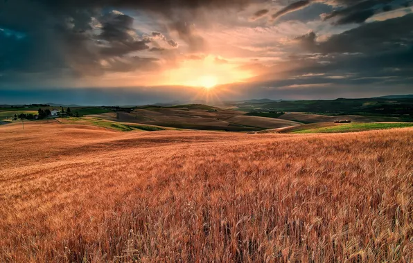 Картинка солнце, тучи, рассвет, холмы, поля, Италия, Tramontino A Montenero