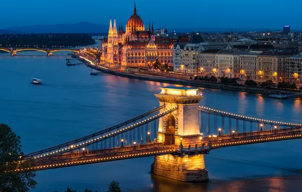 Картинка город, вечер, Парламент, мосты, Венгрия, Будапешт