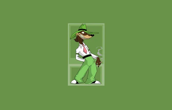 Картинка зеленый, животное, минимализм, шляпа, сигарета, галстук, зверь, серьга