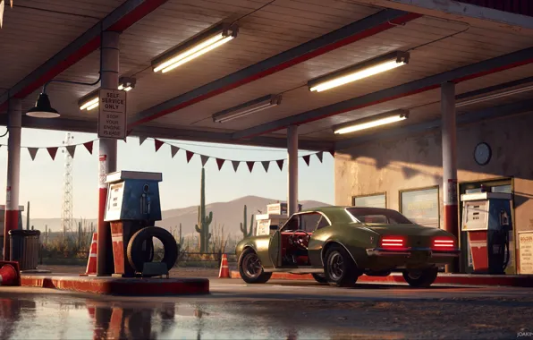 Станция, колонки, автомобиль, Desert Gas Station, Golden Gasoline