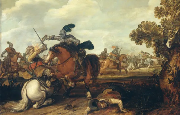 Картинка дерево, масло, картина, баталия, Каваллерийская Битва, Jan Martszen de Jonge