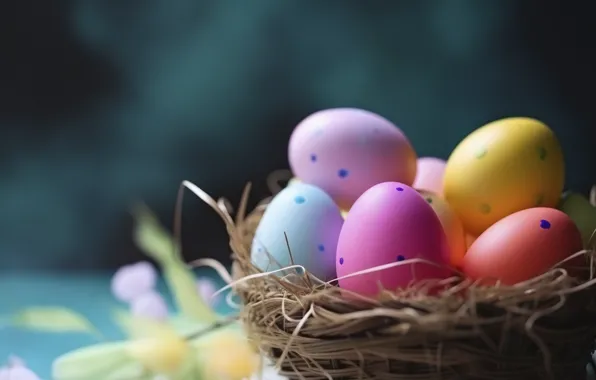 Яйца, Пасха, гнездо, разноцветные, боке, крашенки
