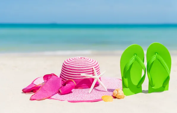 Песок, пляж, отдых, звезда, шляпа, ракушки, summer, beach