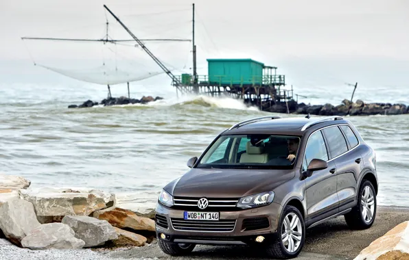Море, Причал, Volkswagen, Touareg, Внедорожник, Туарег