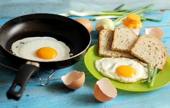 Картинка еда, яйца, завтрак, лук, хлеб, яичница, скорлупа, сковорода