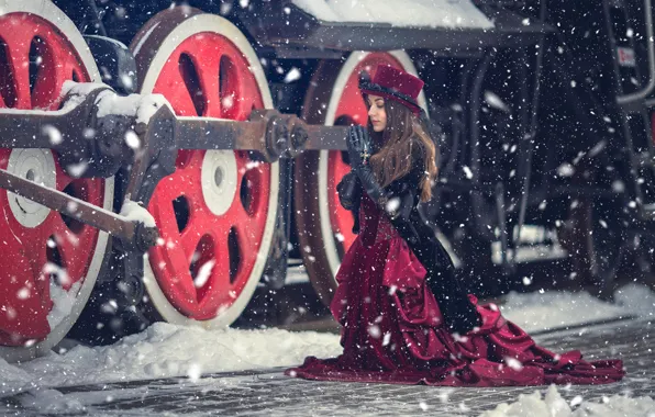 Картинка зима, девушка, снег, стиль, паровоз, ситуация, платье, мольба