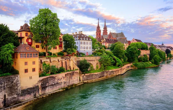 Река, здания, Швейцария, Базель