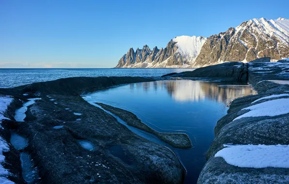 Море, Горизонт, Норвегия, Побережье, Coast, Norway, Снежные горы, Голубое небо