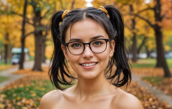 Осень, глаза, взгляд, девушка, улыбка, парк, брюнетка, прогулка