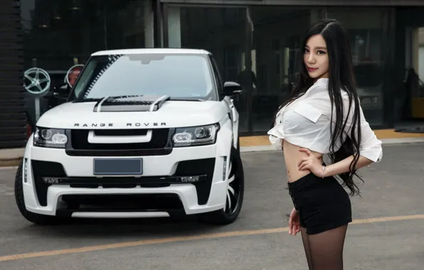 Взгляд, Девушки, Land Rover, азиатка, красивая девушка, витрина, белый авто