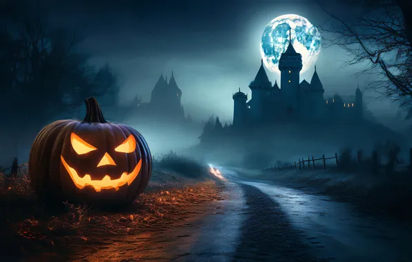 Dark, halloween, road, glow, background, castle, pumpkin, illustration