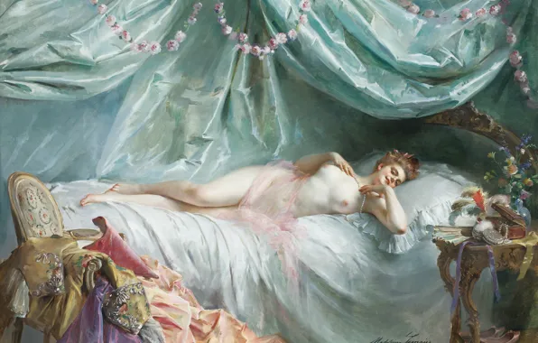 Кровать, обнаженная, будуар, Madeleine Jeanne Lemaire
