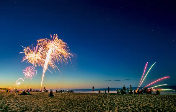 Салют, фейерверк, США, Северная Каролина, День Независимости, Outer Banks