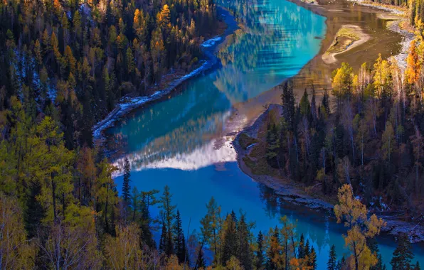 Картинка лес, панорама, Китай, озеро Канас